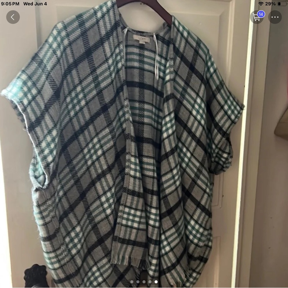 LOFT Plaid Poncho in Green and Gray
